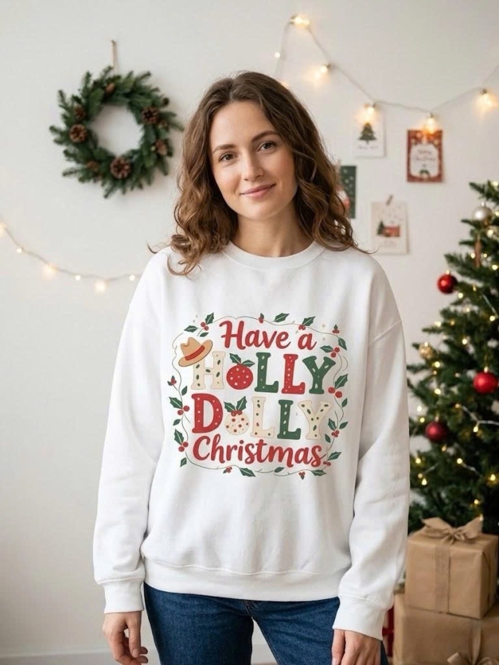 Holly Dolly Christmas Graphic Sweatshirt White Western Country Holiday Sweater - Picture 2 of 6
